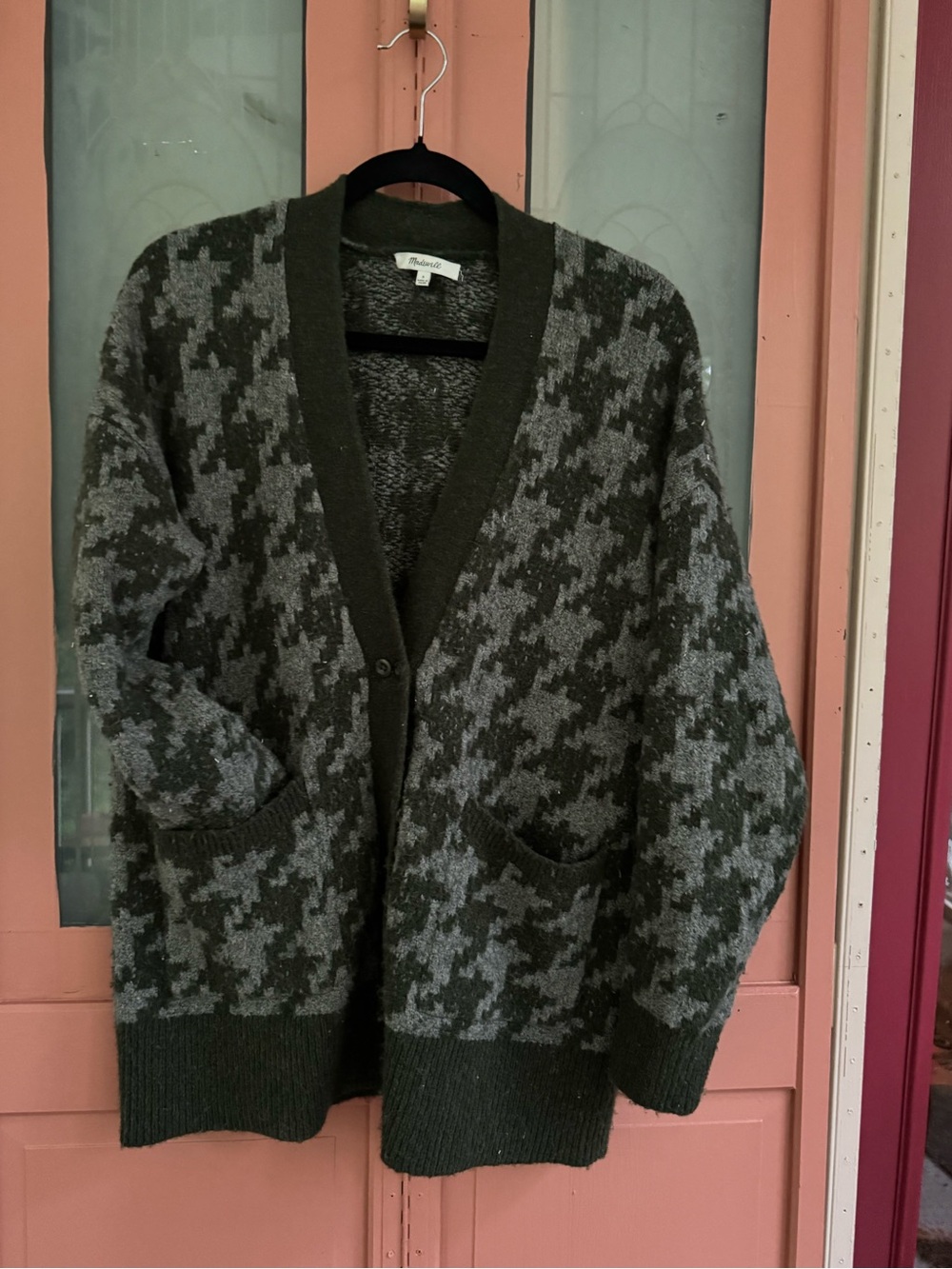 Madewell Olive and Gray Houndstooth Open Cardigan